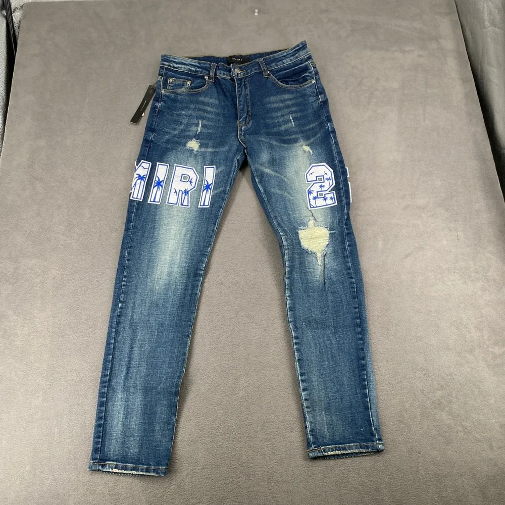 Amiri Men Blue Distressed Graphic Palm Tree Patch Denim Jeans 32